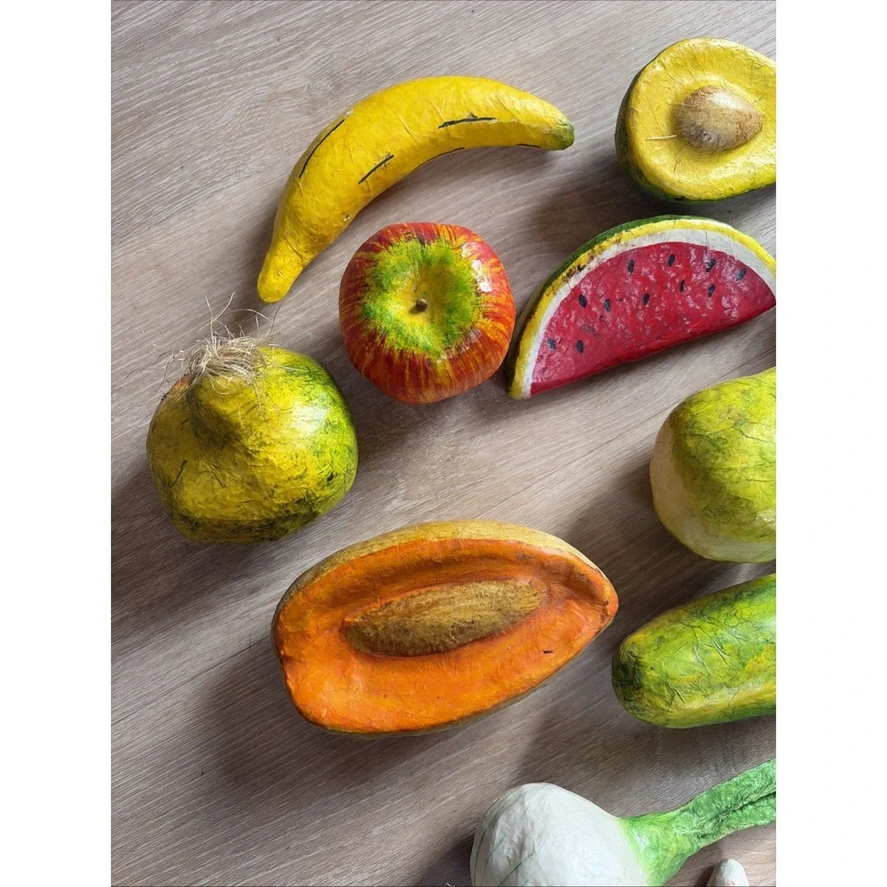 Vintage Paper Mache Fruit‎ And Vegetables Set Of 16 Colorful And Funky + Basket
